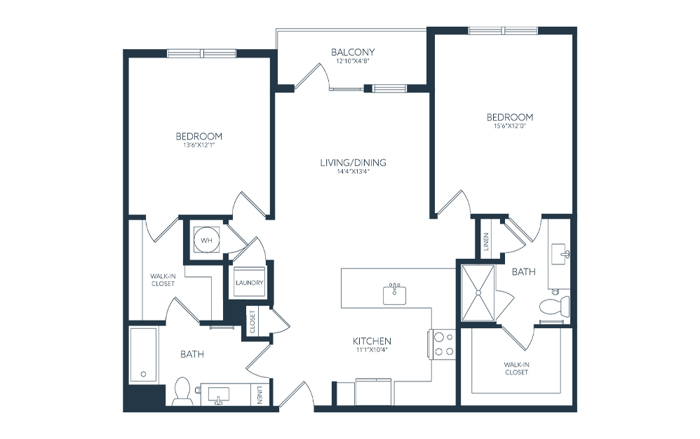 B1p - 2 bedroom floorplan layout with 2 baths and 1201 square feet. (2D)