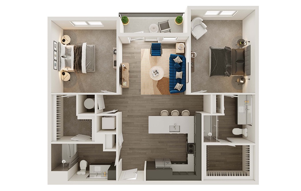 B1p - 2 bedroom floorplan layout with 2 baths and 1201 square feet. (3D)