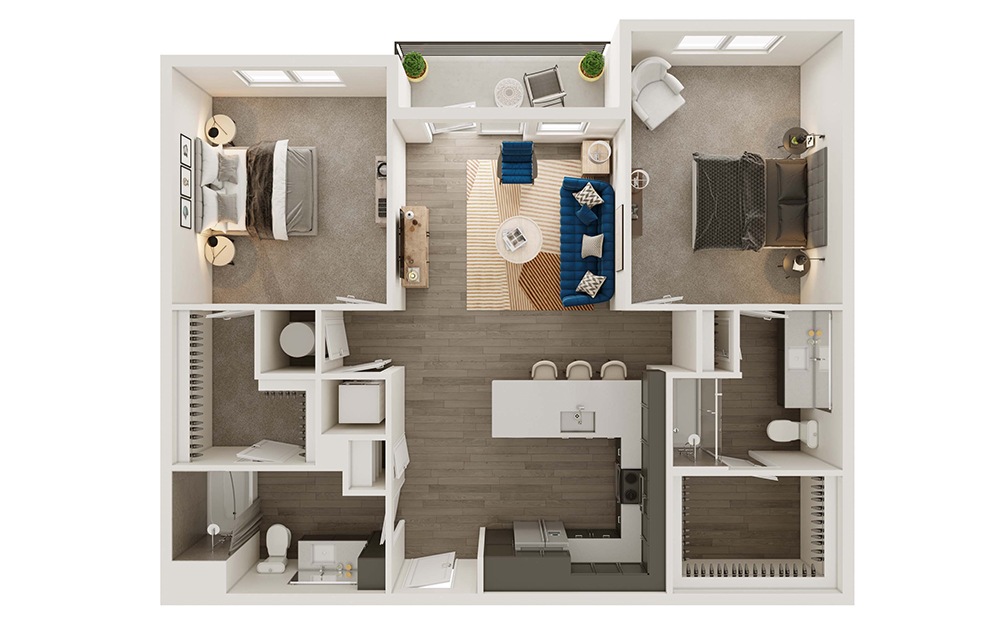 B1p - 2 bedroom floorplan layout with 2 bathrooms and 1201 square feet (3D)