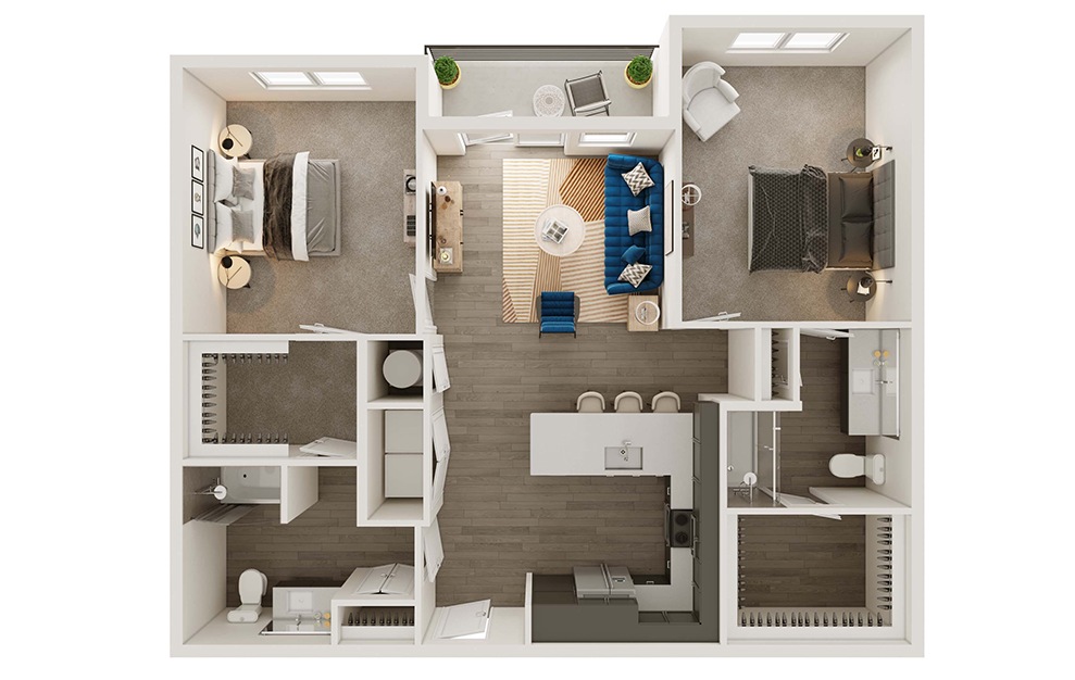 B1ap - 2 bedroom floorplan layout with 2 baths and 1201 square feet. (3D)