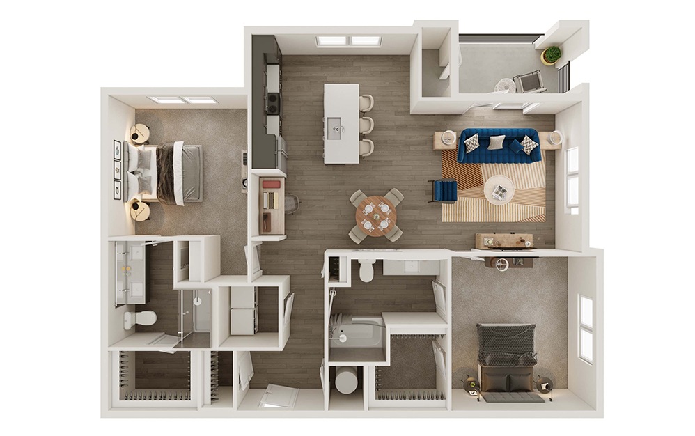 B2 - 2 bedroom floorplan layout with 2 bathrooms and 1303 - 1331 square feet (3D)