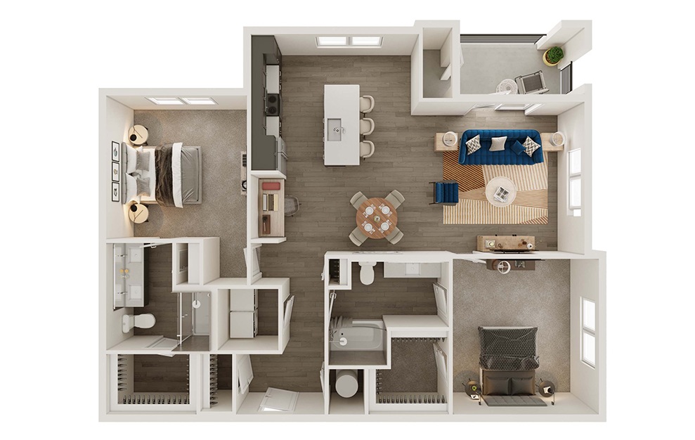 B2 - 2 bedroom floorplan layout with 2 baths and 1303 to 1331 square feet. (3D)