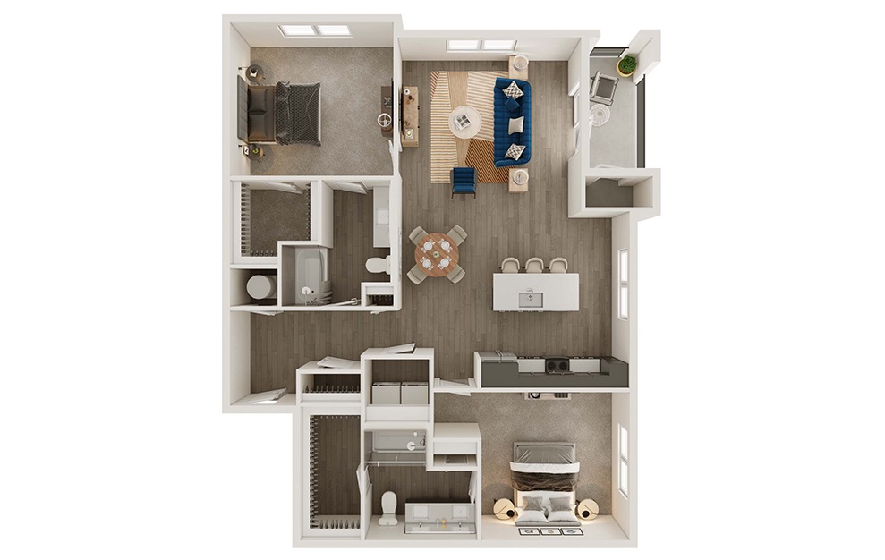 B2a - 2 bedroom floorplan layout with 2 baths and 1378 square feet. (3D)