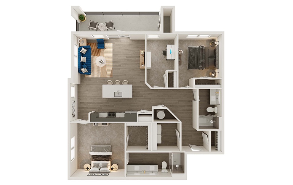 B3D - 2 bedroom floorplan layout with 2 baths and 1363 square feet. (3D)