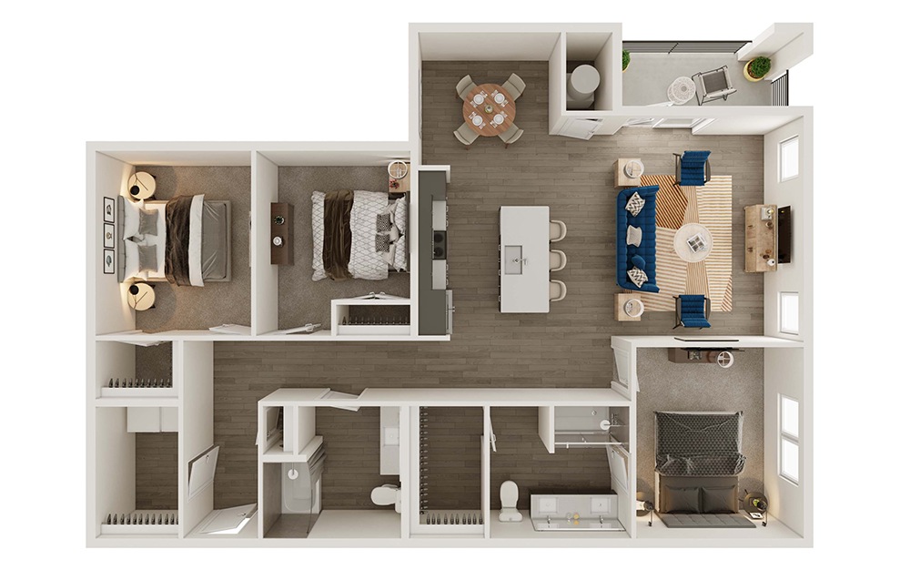 C1ap - 3 bedroom floorplan layout with 2 baths and 1469 square feet. (3D)