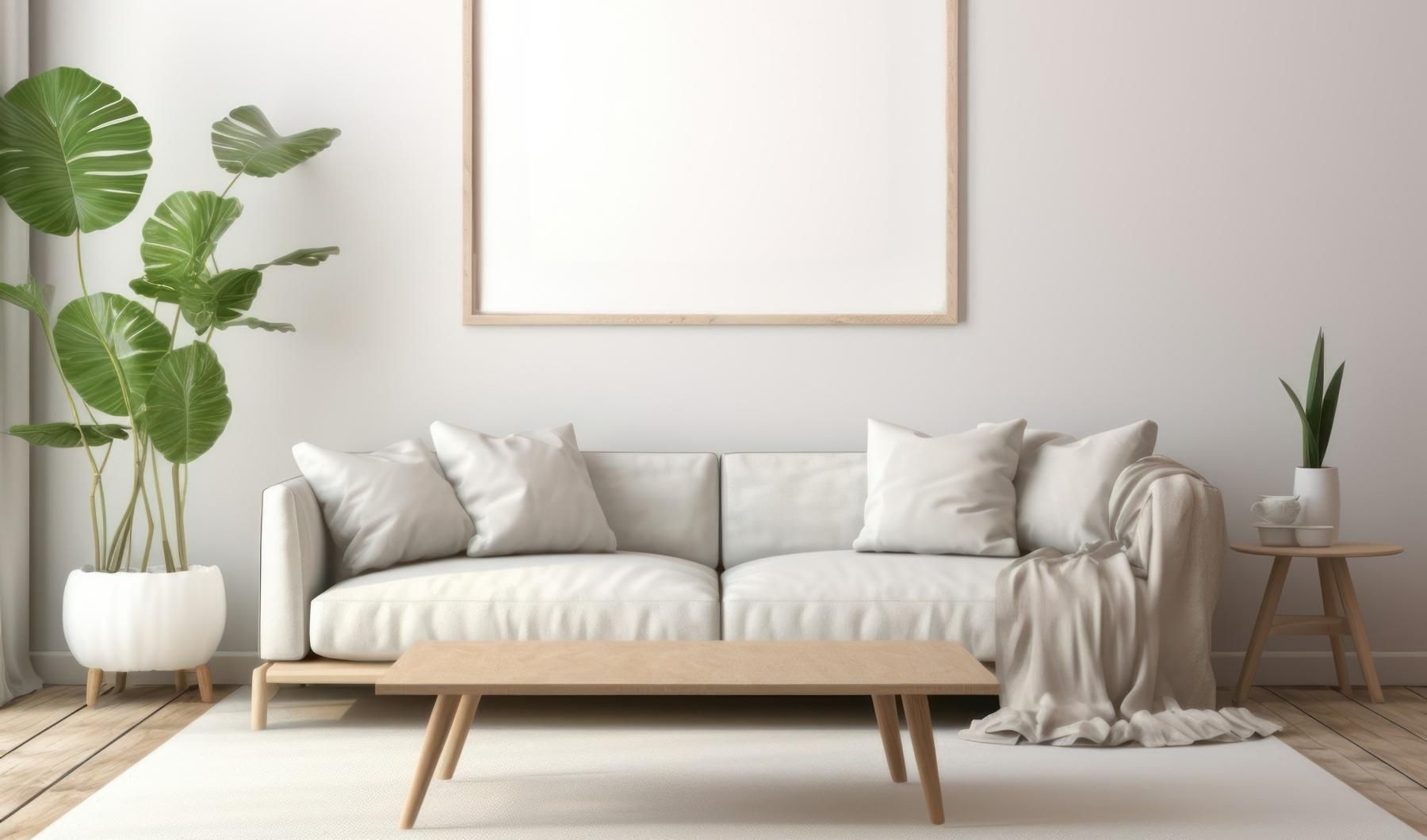 a white couch with a plant next to it