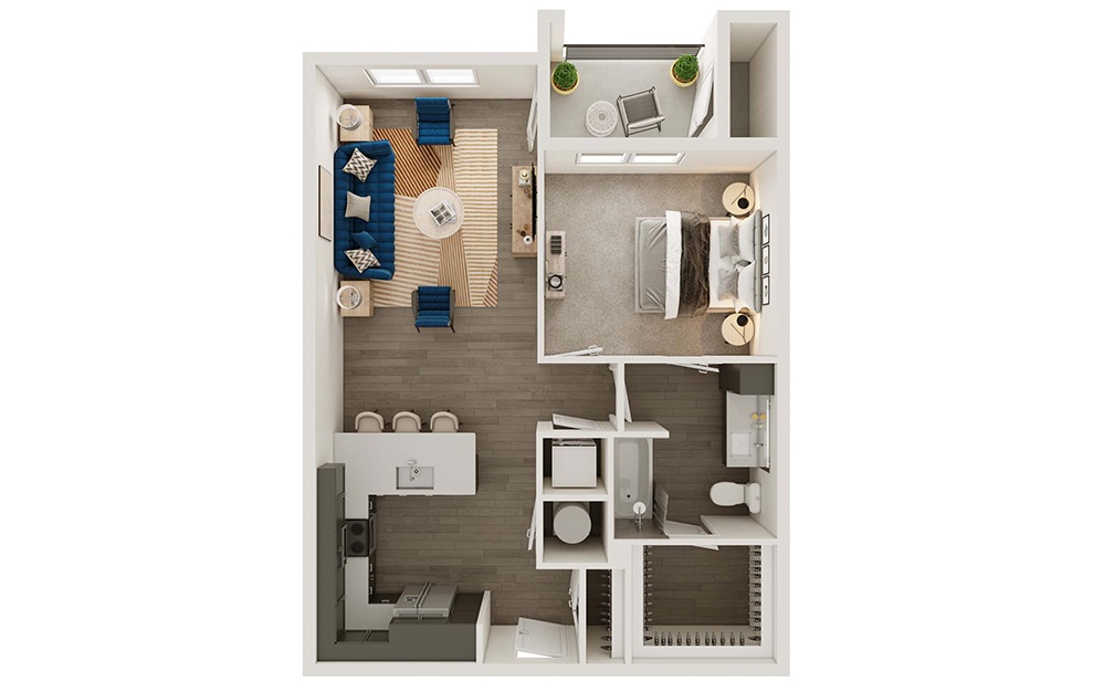 A2p - 1 bedroom floorplan layout with 1 bath and 735 to 775 square feet. (3D)