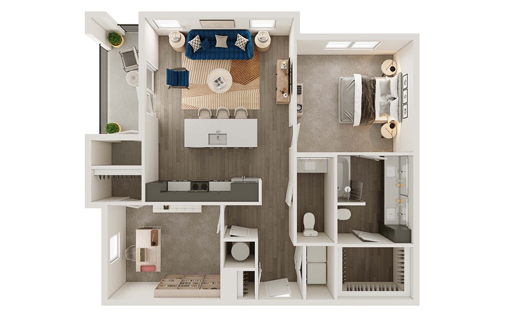 A5D - 1 bedroom floorplan layout with 1.5 bathroom and 1000 - 1028 square feet (3D)