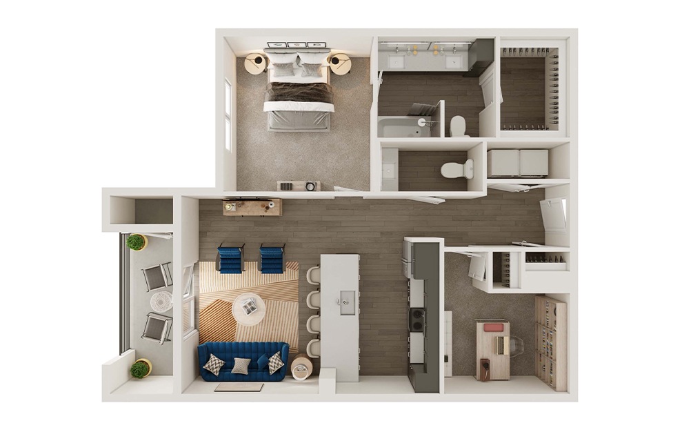 A5D - 1 bedroom floorplan layout with 1.5 bath and 1000 to 1028 square feet. (3D)